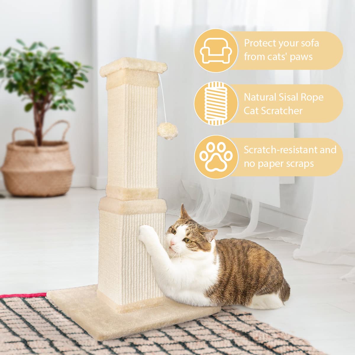 AGYM Poste rascador para gatos, 31 pulgadas de alto tamaño para gatos y gatitos adultos, sisal natural moderno rascador para gatos, torre para gatos protege muebles y ejercita a tus gatos