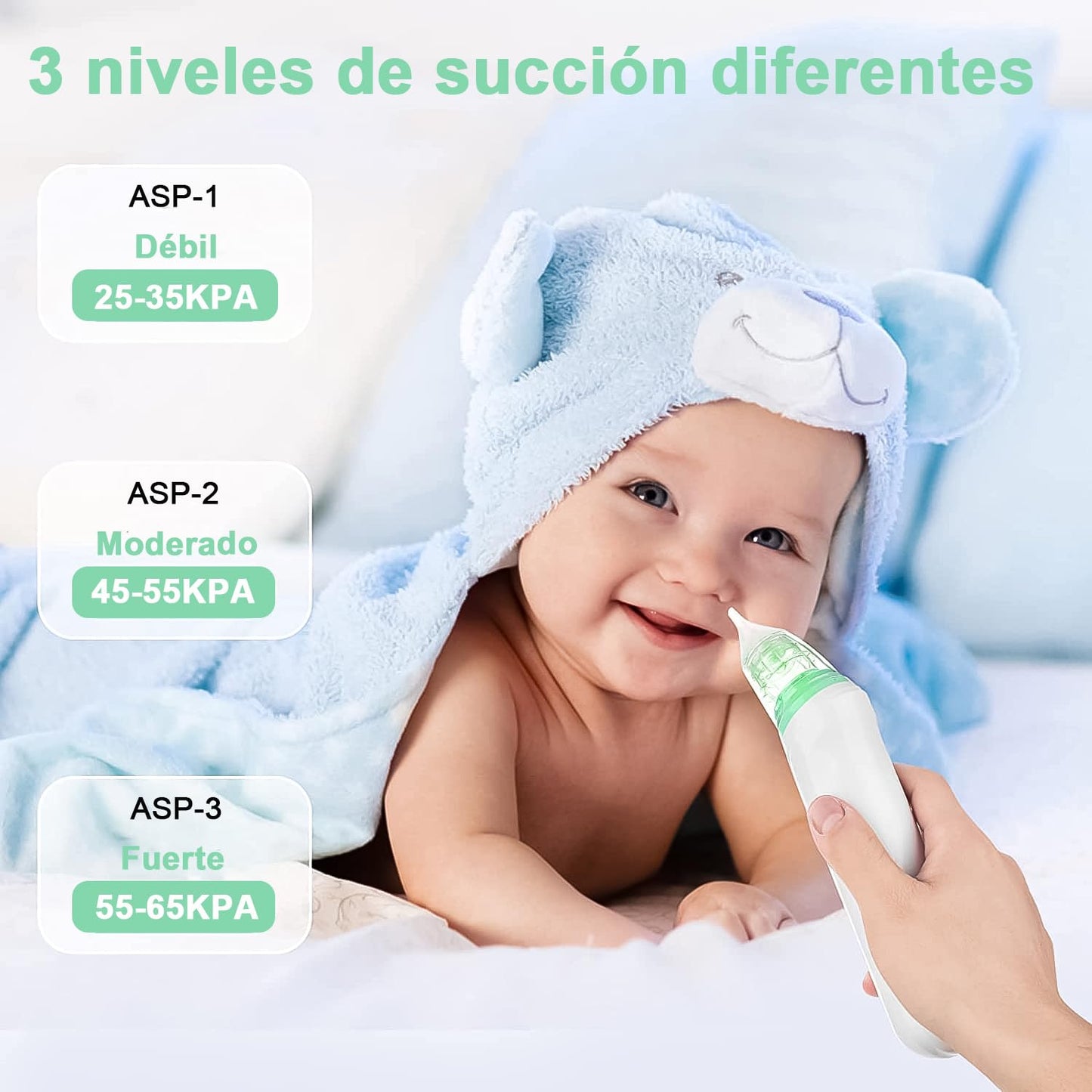 Aspirador Nasal Electrico,Aspirador Nasal Con 3 Cabezales de Silicona, Nivel de Succión Ajustable, Función Relajante con Música y Luz.