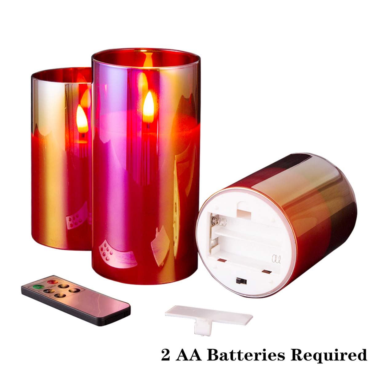 Eywamage - Juego de 3 velas led de vidrio rojo sin llama con control remoto, batería parpadeante