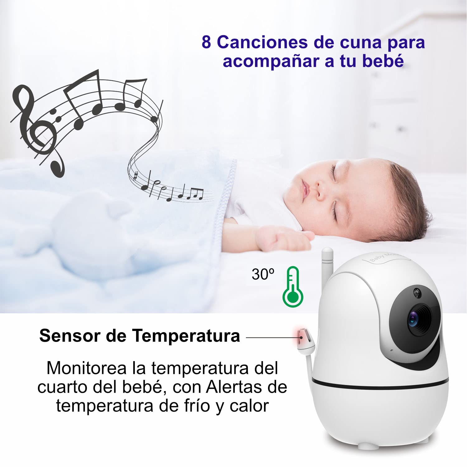 Monitor para Bebé ZINKER Blanco Cámara Robótica Full HD 1080p Visión Nocturna y Vigilancia de Temperatura