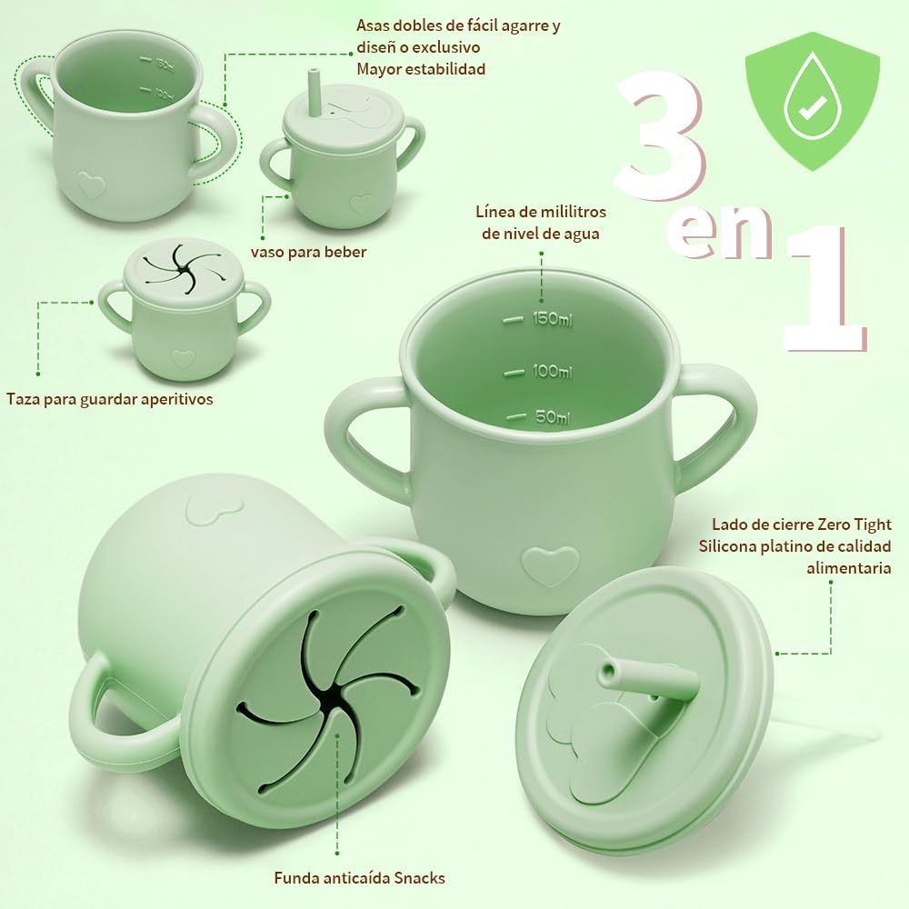 FINYQBET Platos Para Bebés De Silicona Con Tazón Cuchara Tenedor Babe,Set de 8 Piezas para Bebés,Plato para Bebe con Ventosas, Ajustable,VERDE