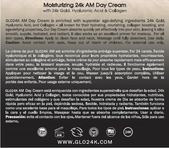 GLO24K Crema de día hidratante con oro de 24 k, antienvejecimiento con vitaminas, ácido hialurónico, colágeno