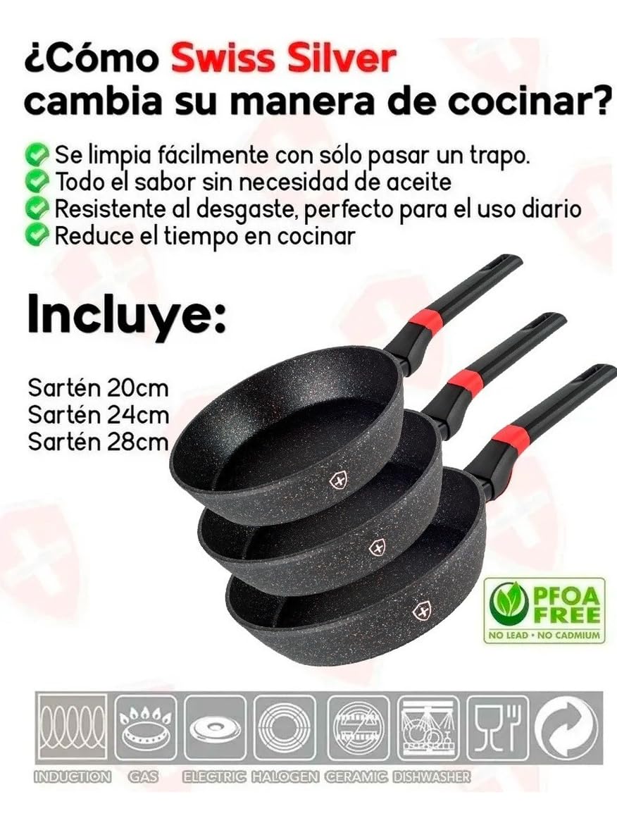Juego De Sartenes Para Inducción Negros De Marmol CO-CM202428 3pzas