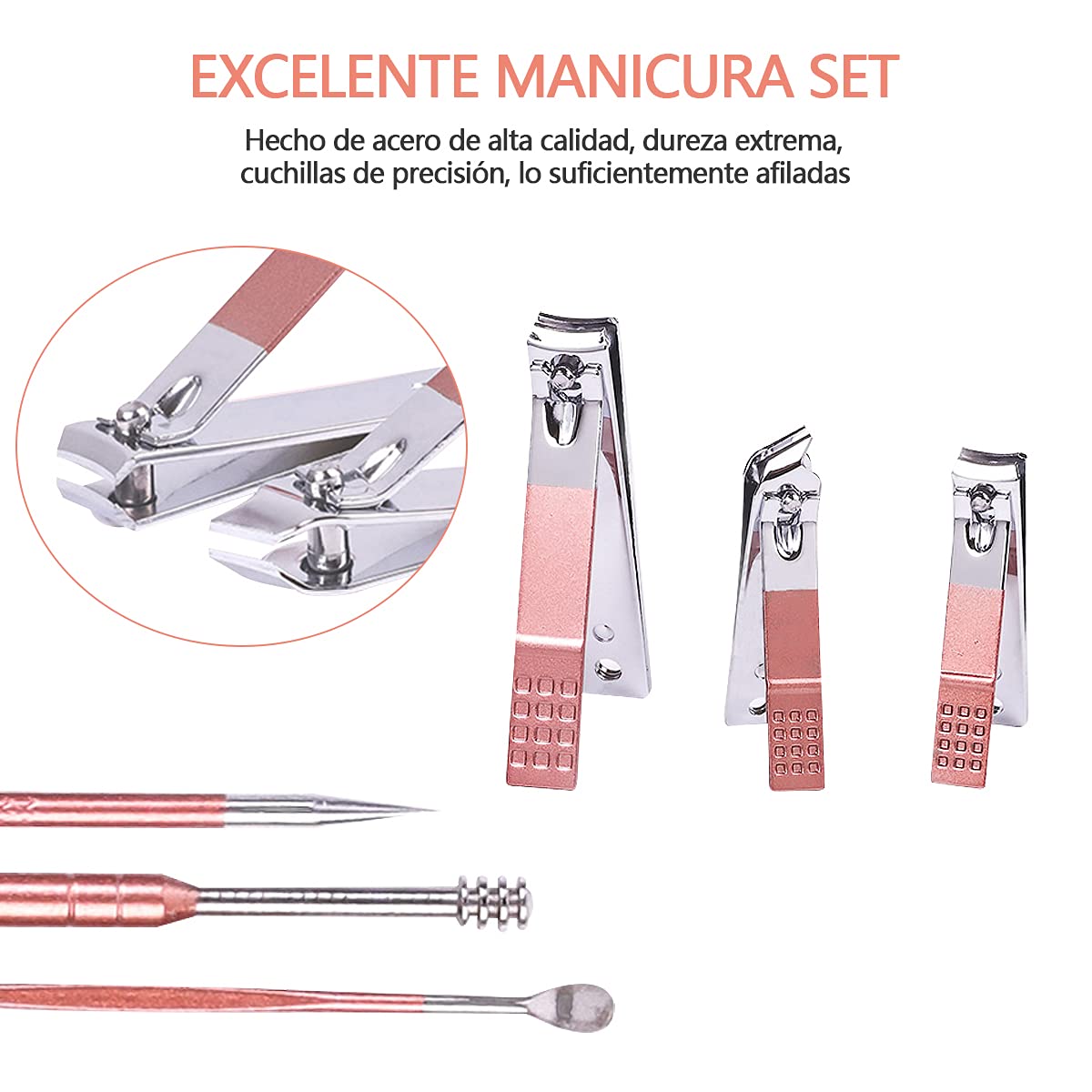 Set de manicura HONGHCL 23 en 1 Acero Inoxidable - Kit Completo para Uñas y Cutículas en Caja de Cuero Rosa