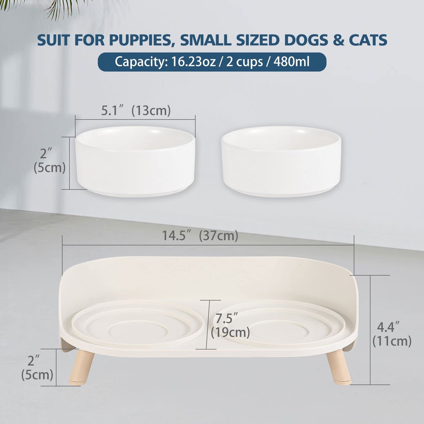 Comedero Gato - Comedero Perro Elevado - Comederos y Bebederos para Perros Pequeños | Gatos | Conejo - Doble Ceramica Cuenco Mascotas con Soporte Anti Salpicaduras 480 ml