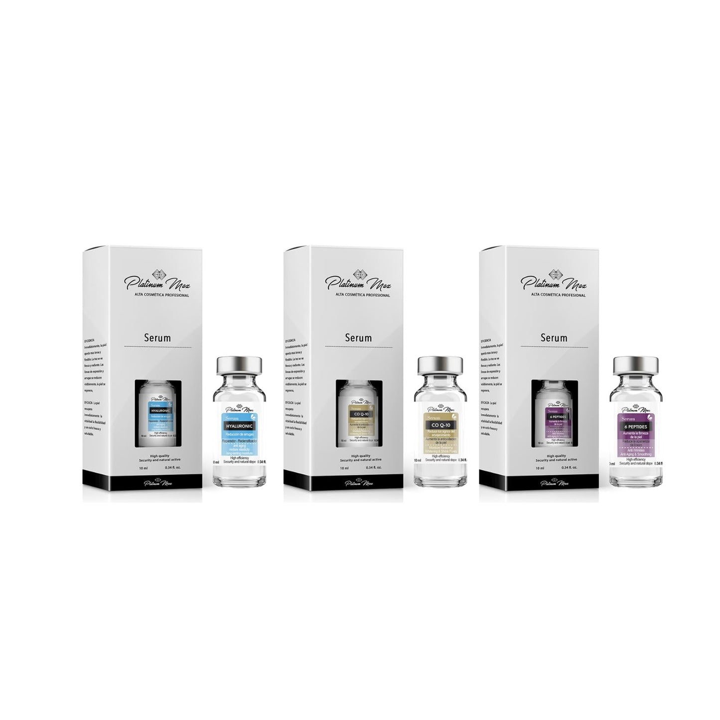 Serums Set de 3 Sueros Faciales, 10 ml cada uno, Coenzima Q10, 6 Péptidos y Ácido Hialurónico | PLATINUMMAX