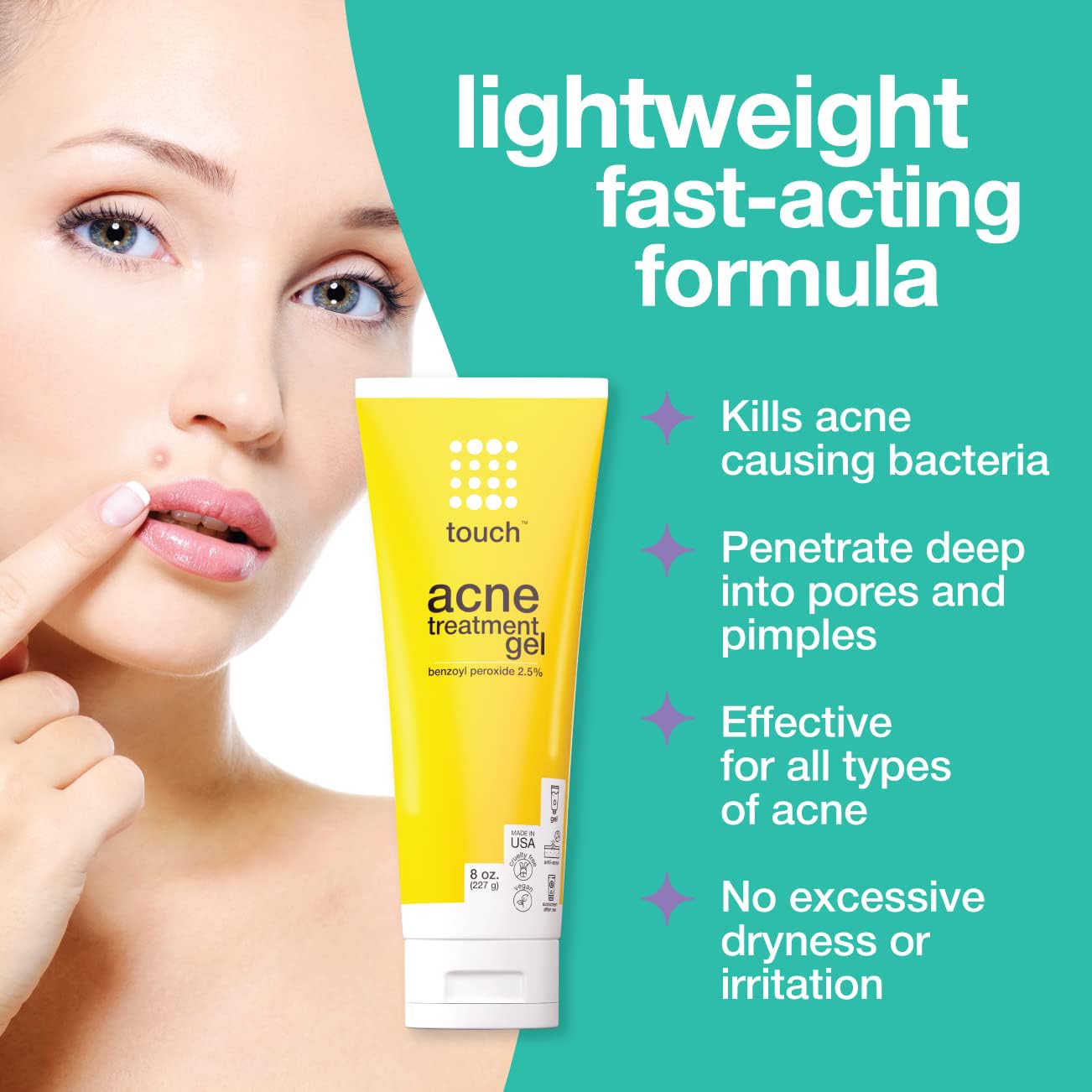 Crema en Gel Touch Benzoyl Peroxide 2.5% para Acné y Granos