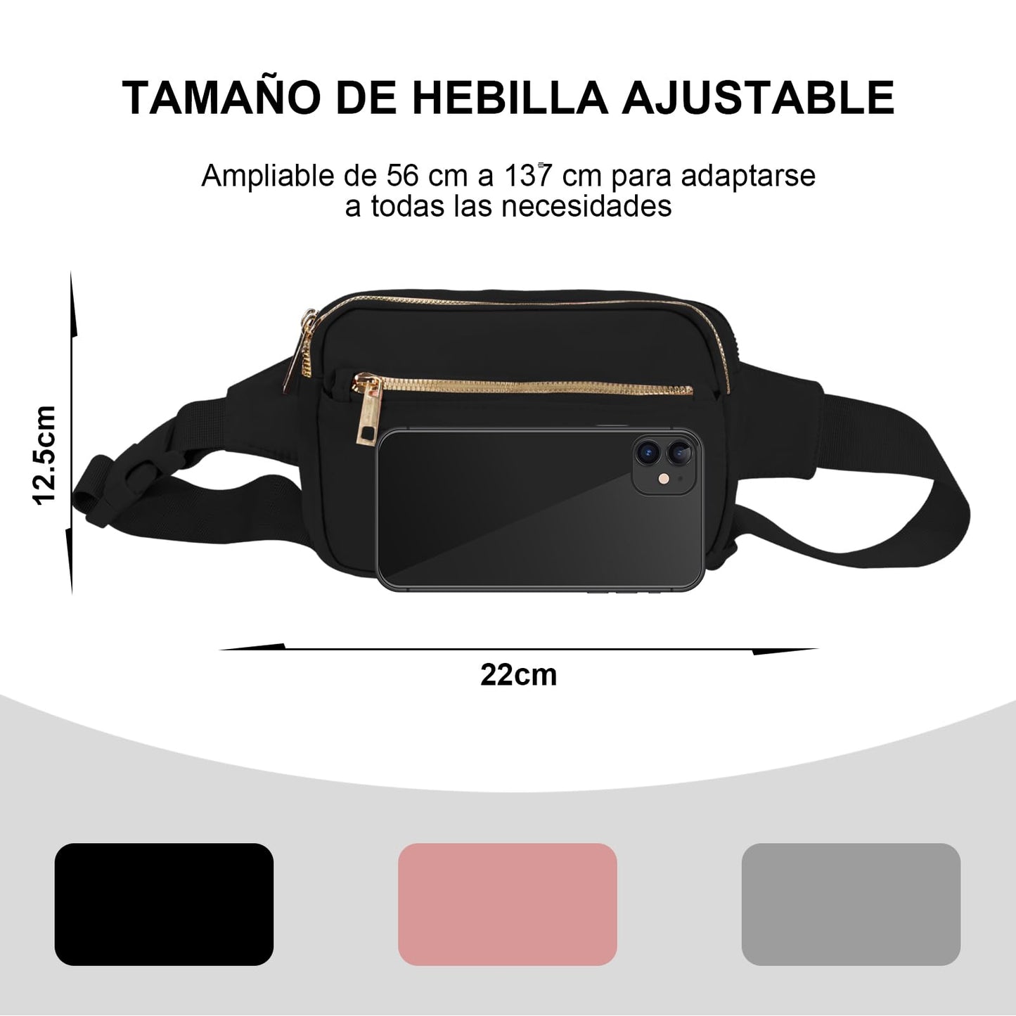 Cangureras de Moda de Mujer,Riñonera Moda Deportiva con Bandolera Ajustable, Impermeable y Ligero RiñOnera Unisex Adecuado para Viajar, Hacer Senderismo, Correr, Montar En Bicicleta (Negro)