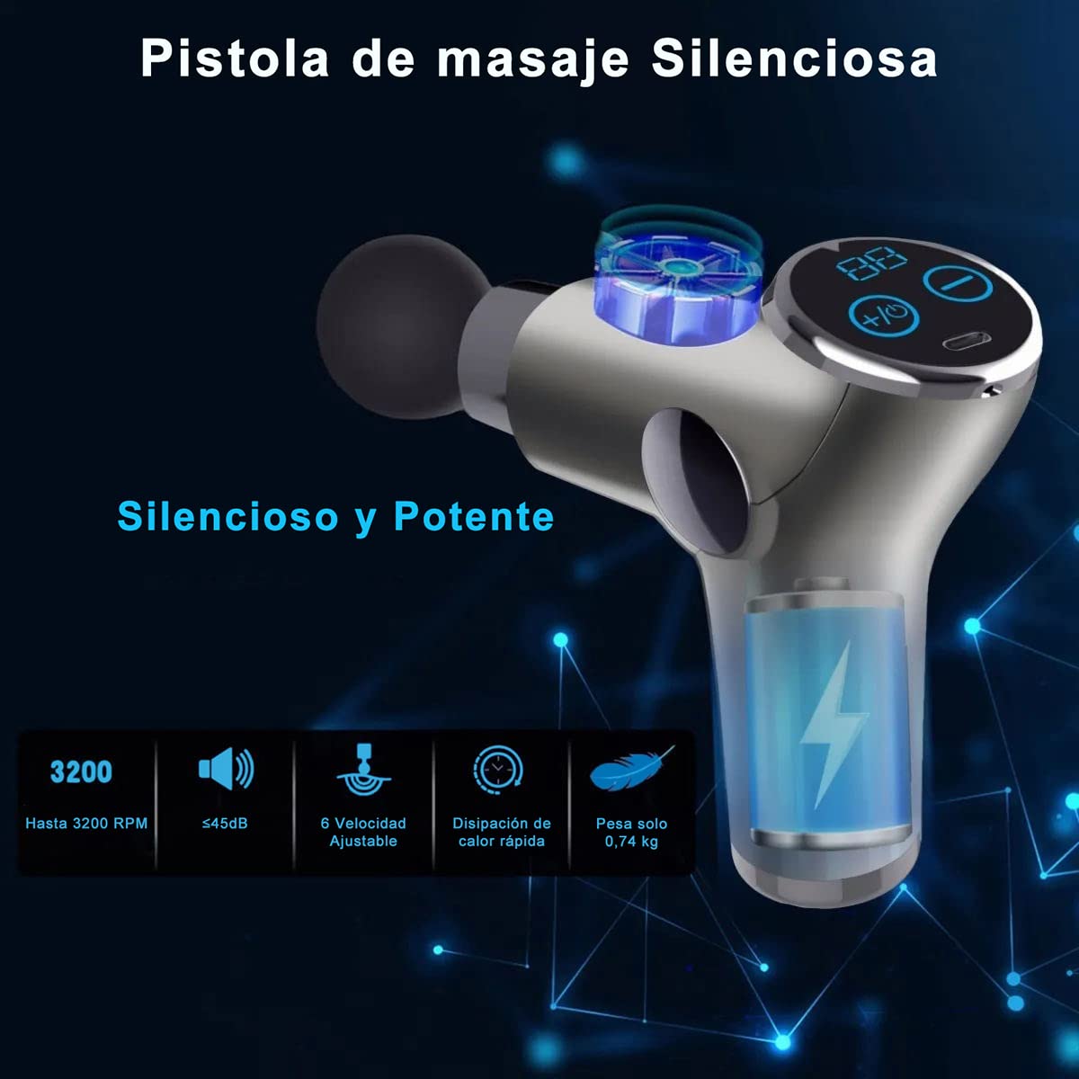 Pistola de Masaje, Mini Pistola Masaje Muscular con 32 Niveles Ajustable, Masajeador de percusión de Tejido Profundo silencioso con 8 Cabezales de Masaje, USB Recargable