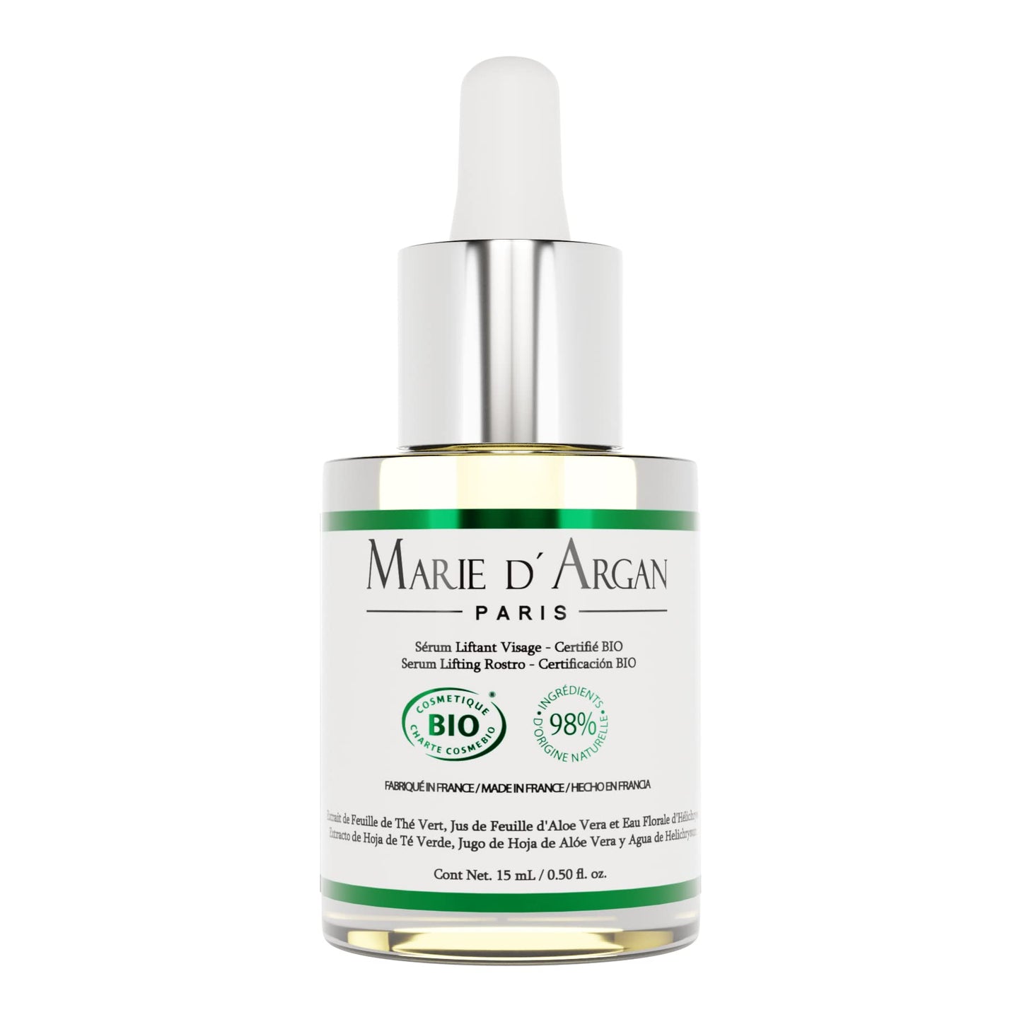 Marie d'Argan Sérum Lifting Rostro Natural, Orgánico y Vegano, Aloe Vera, Té Verde, Antiedad, Hidratante, Unisex