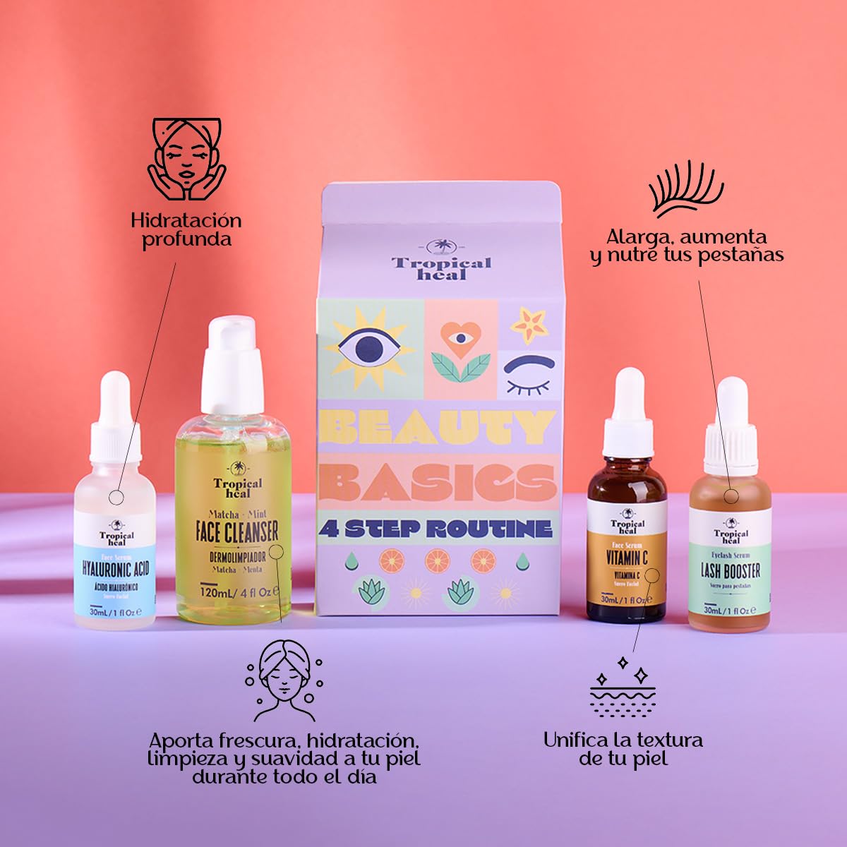 Tropical Heal - Kit Beauty Basics de Cuidado Facial en 4 Pasos - Serum Lash Booster, Ácido Hialurónico, Vitamina C y Limpiador Facial con Matcha