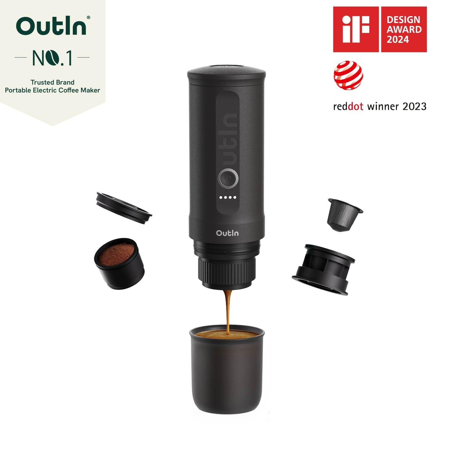 Outin nano cafetera eléctrica portátil, cafetera de campamento, autocalentada por cafetera para vehículos usb - c, Autocaravana con café molido y cápsulas ns, senderismo, Oficina