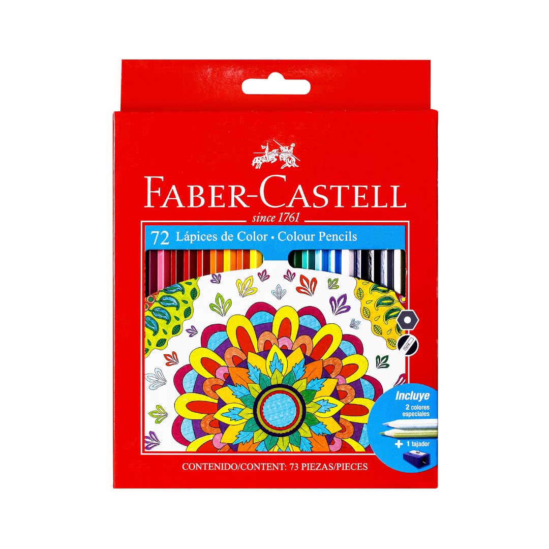 Faber Castell 72 Lápices de colores con una variada paleta que abarca desde tonos básicos y primarios hasta colores secundarios y matices más sutiles