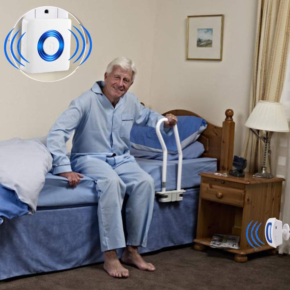 Alarma inalámbrica con sensor de movimiento para interiores, alarma de cama y prevención de caídas para ancianos/pacientes de demencia/niños (2 detector de movimiento + 1 receptor)
