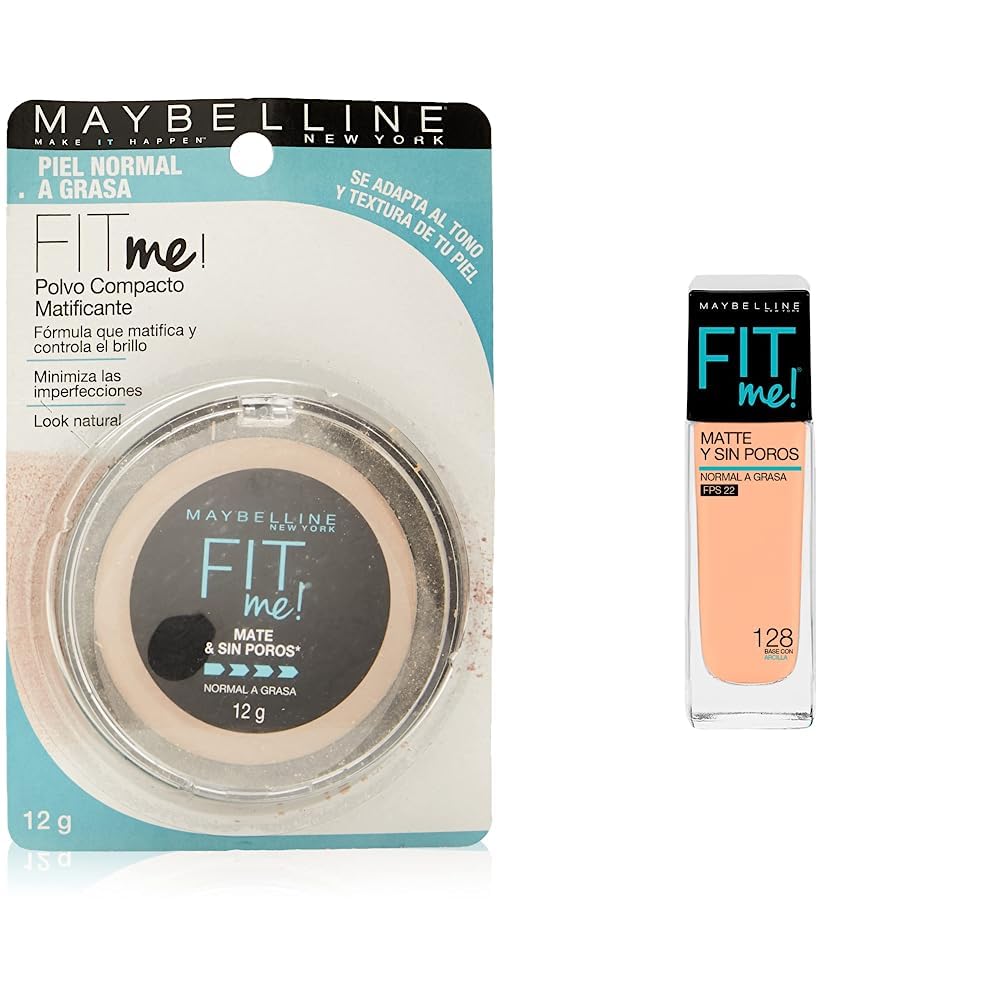 MAYBELLINE Maquillaje en polvo fit me matte & poreless powder 128 nude, new york + Base de Maquillaje Fit Me Matte, 128 Warm Nude
