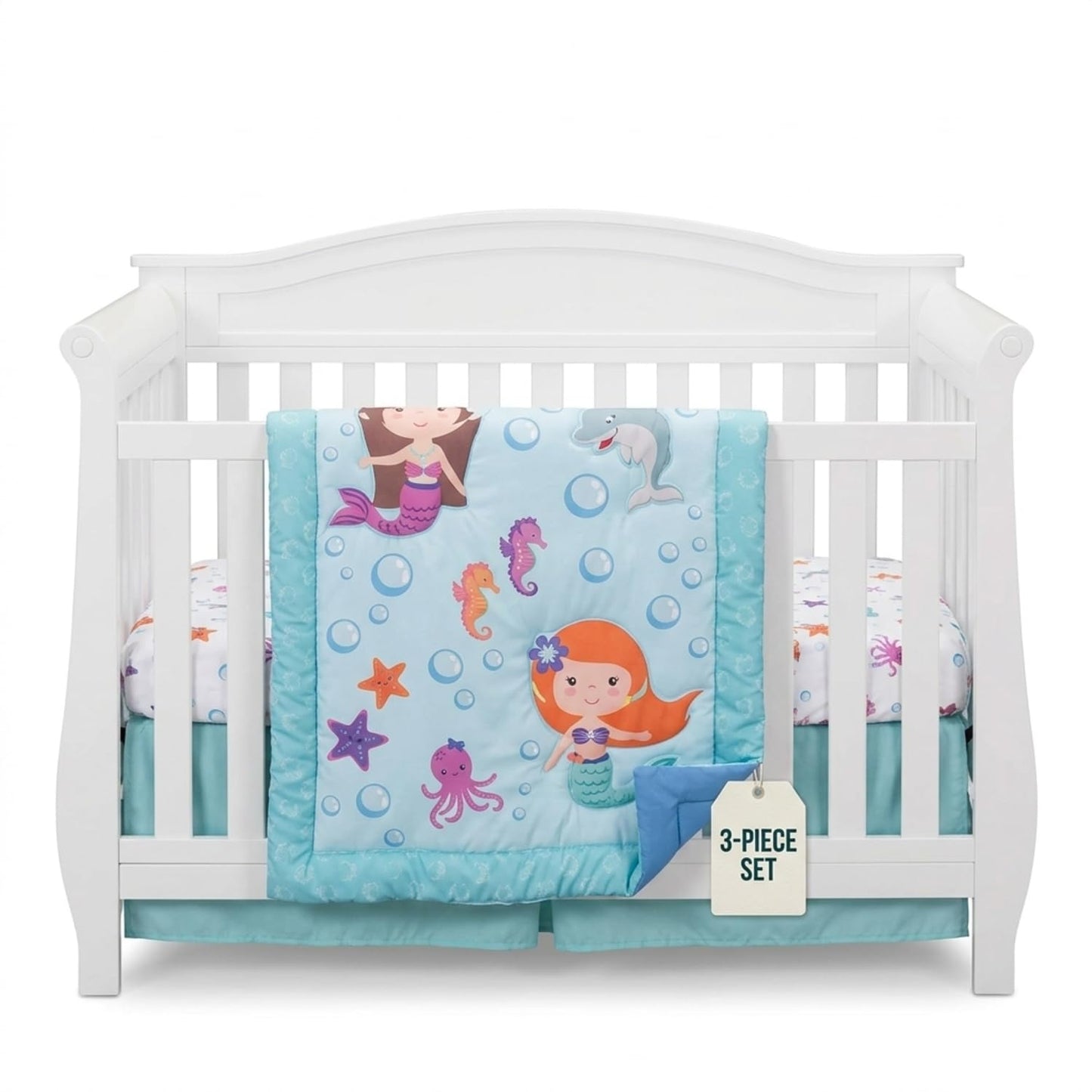 EVERYDAY KIDS Juego de ropa de cama de 3 piezas para cuna, diseño de sirena, incluye edredón, sábana bajera y volantes antipolvo, juego de cama para guardería, juego de cama para cuna de bebé