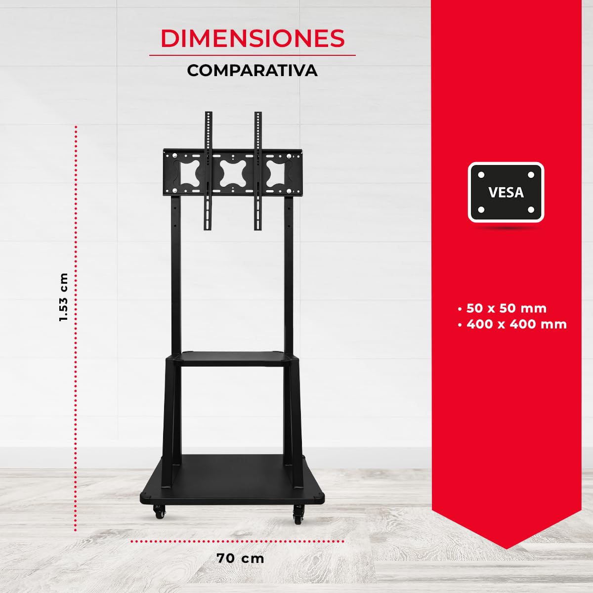 LINK BITS C3275N41 Soporte de TV móvil con Ruedas para televisores 32" a 75", Base para Pantalla de Piso, Giratorio con Dos repisas para monitores de hasta 75kg y VESA de hasta 600x400mm.