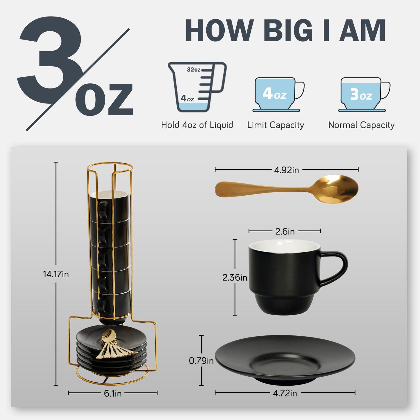 Lareina - Juego de 6 tazas de café apilables de porcelana con platillos, cucharas y soporte de metal de 3 onzas, tazas de café de capuchino pequeñas, tazas de demitasse de cerámica para lungo