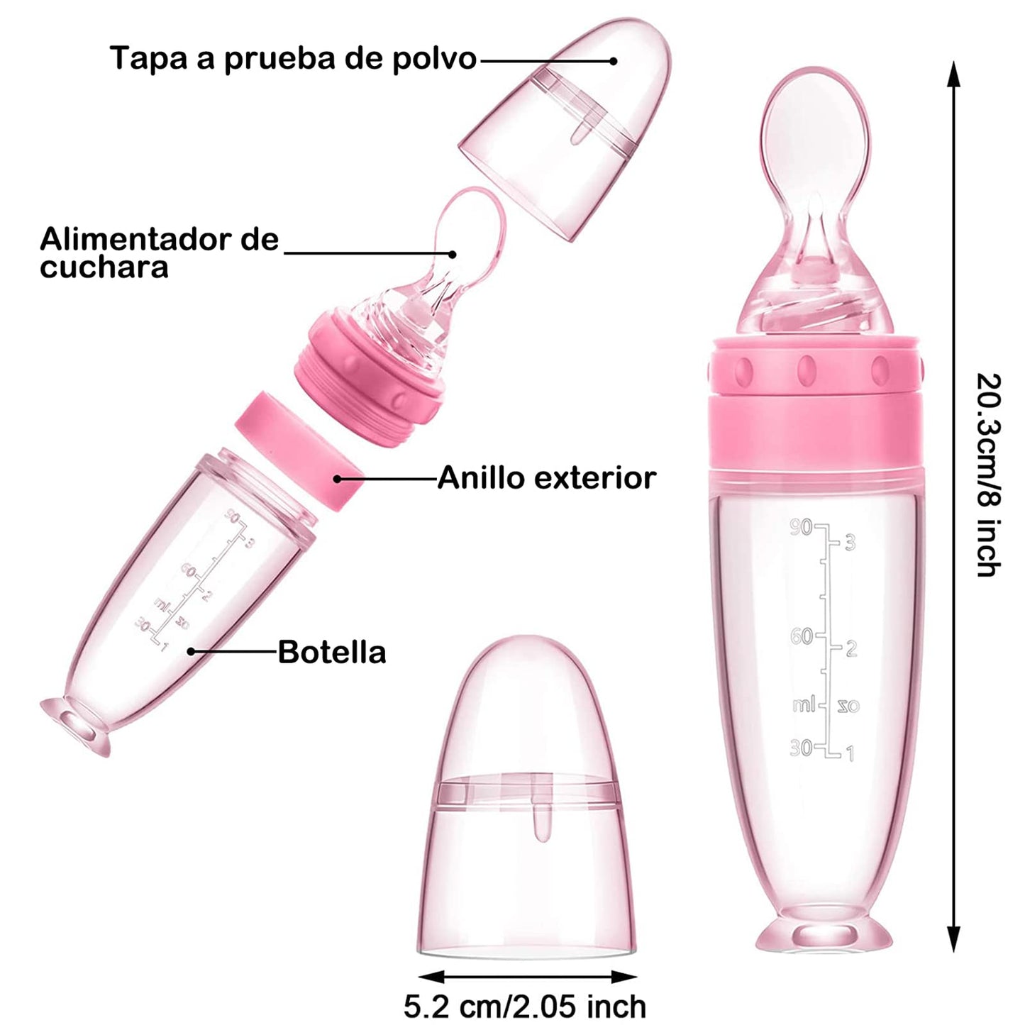Biberón, diseño de ventosa de 90 ml Dispensador de alimentación de alimentos para bebés Cuchara de silicona para dispensar y alimentar alimentos para bebés (Rosado)