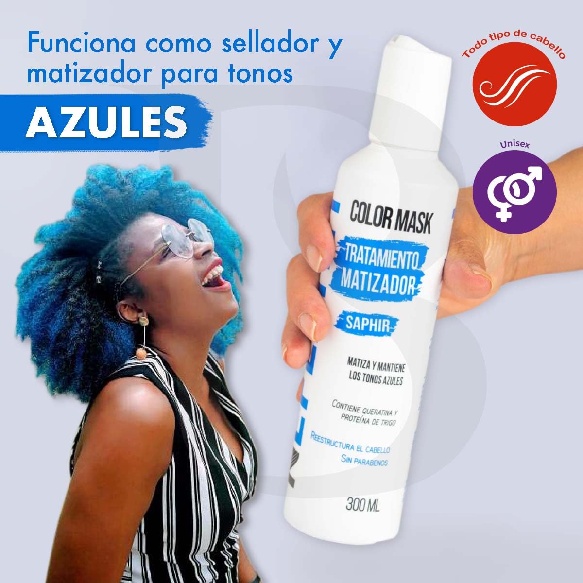 Tratamiento Matizador Nefertiti Saphir Azul con Keratina y Proteína de Trigo para el Cabello