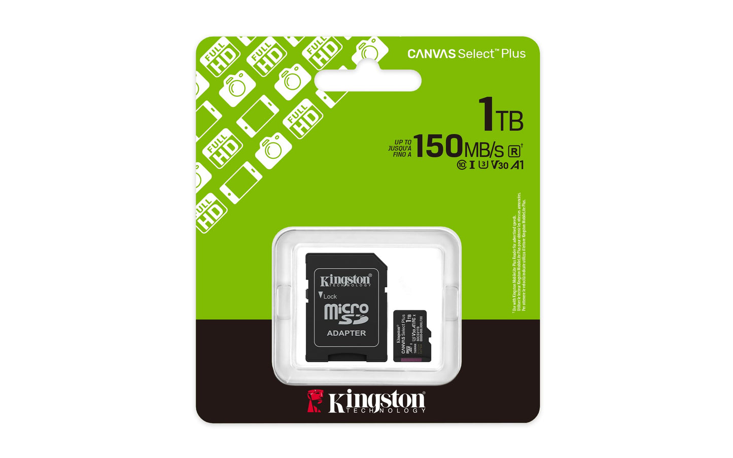 Kingston Tarjeta De Memoria MicroSD, Canvas Select Plus Gen3, Capacidad: 1TB, Clase 10, UHS-I, U3, V30, A1 Lectura: 150MB/s, SKU: SDCS3/1TB