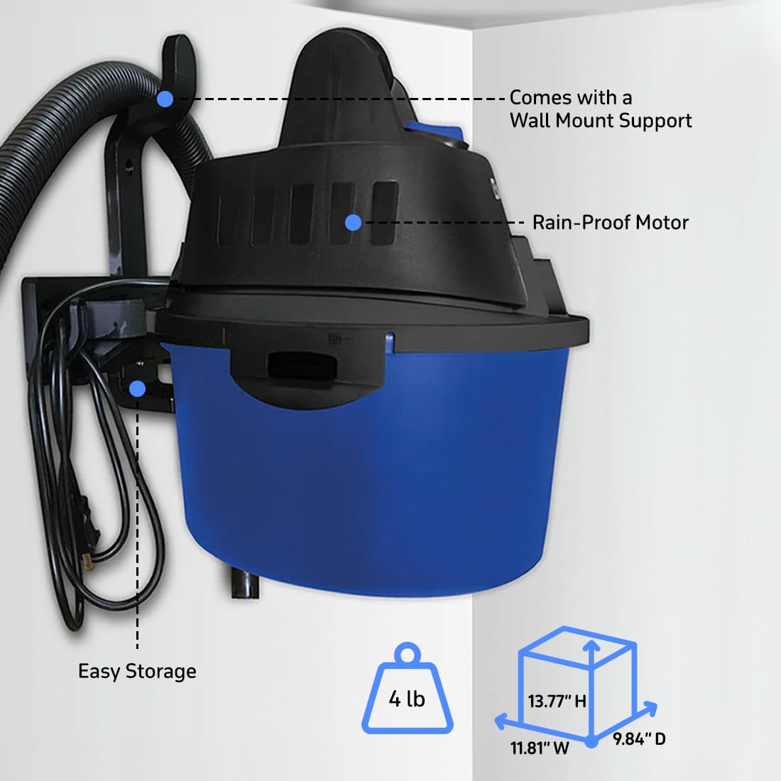Koblenz WD-2.5 L – Aspiradora Seco Mojado 3 en 1 con Sistema de Expulsión de Aire, 2.5 Galones de Capacidad y Motor de 2.5 HP, Aspiradora para Auto, Portátil con Soporte de Pared y Cochera, Accesorios