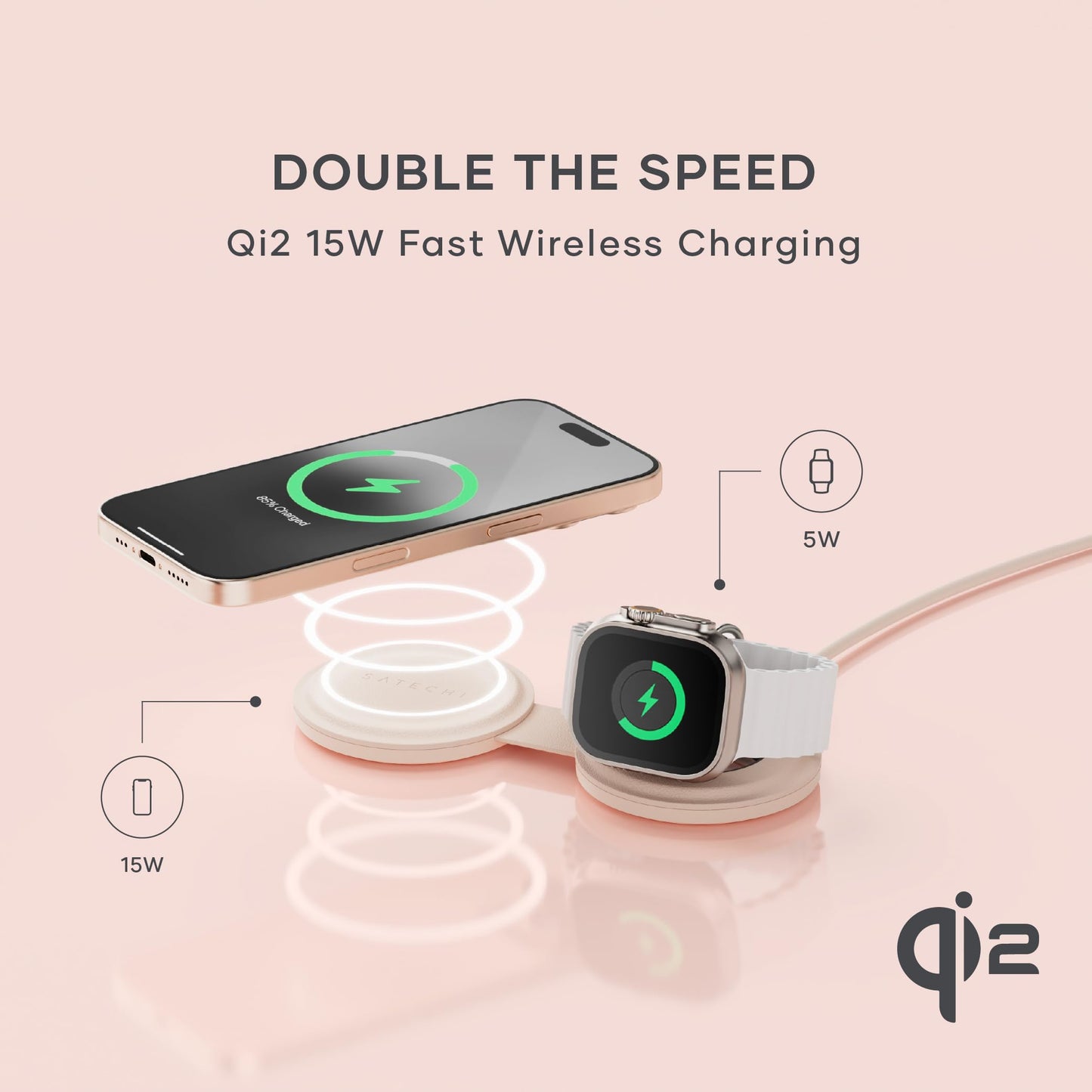 SATECHI OntheGo™ Cargador Inalámbrico 2 en 1, Cargador Portátil Qi2 con Carga Rápida de 15W para iPhone y 5W para Apple Watch, Estación de Carga Magnética de Viaje – Rosa Desierto