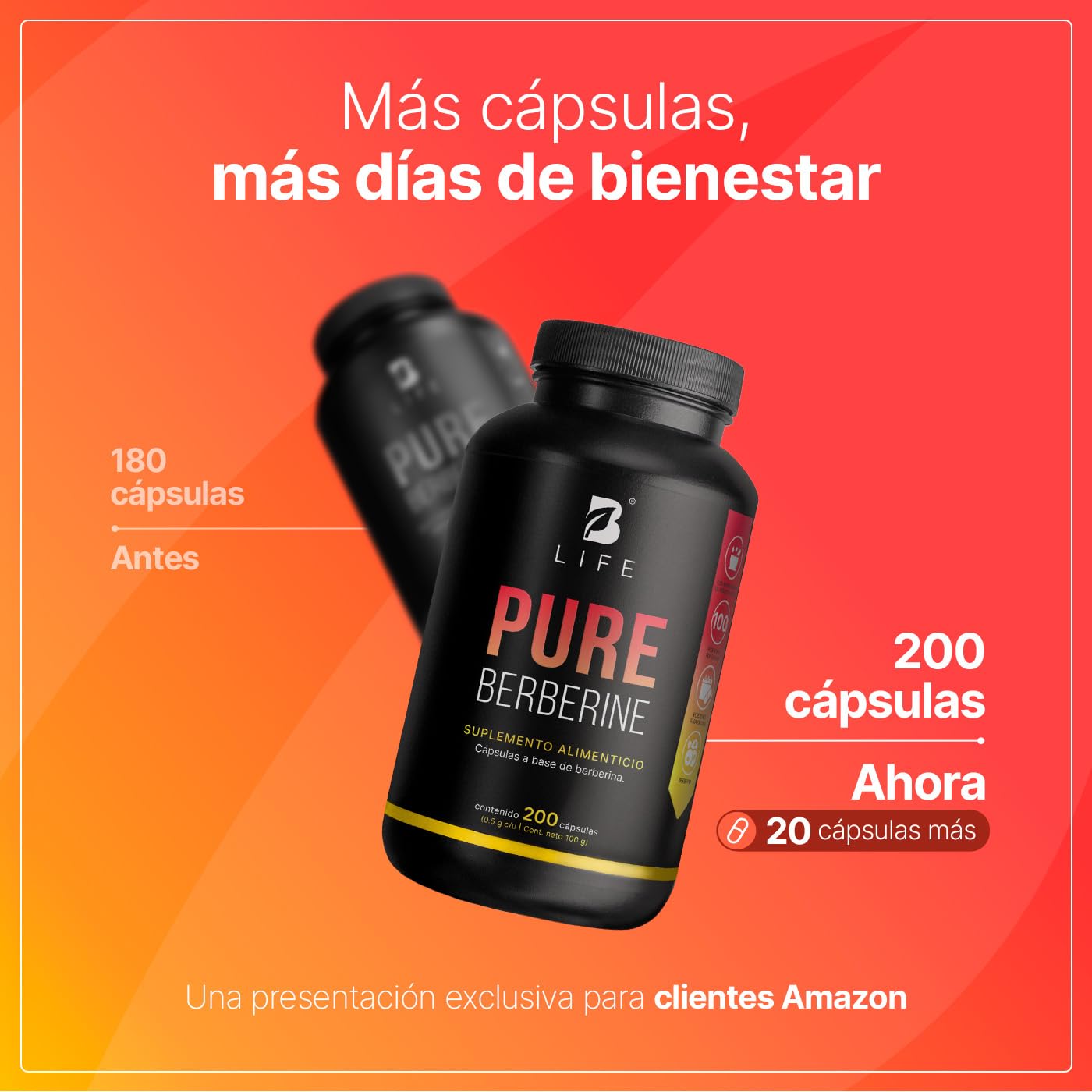 B Life Berberina HCL Pura 1000 mg | 200 Cápsulas | Ingredientes Naturales | Pure Berberine.