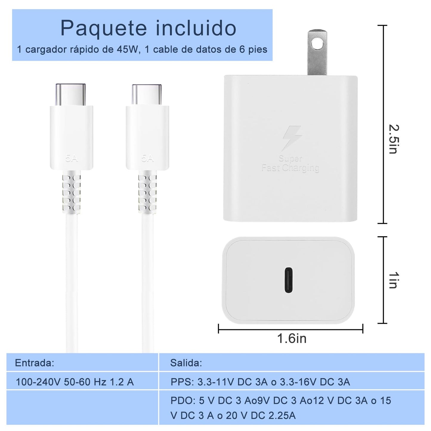 Cargador Rápido USB C de 45 W para Samsung Tipo C, Con Cable de 1.8M para Galaxy S23 Ultra/S23/S23+/S22/S22+/Note10/Note20/S20/S21/S10 (Blanco)