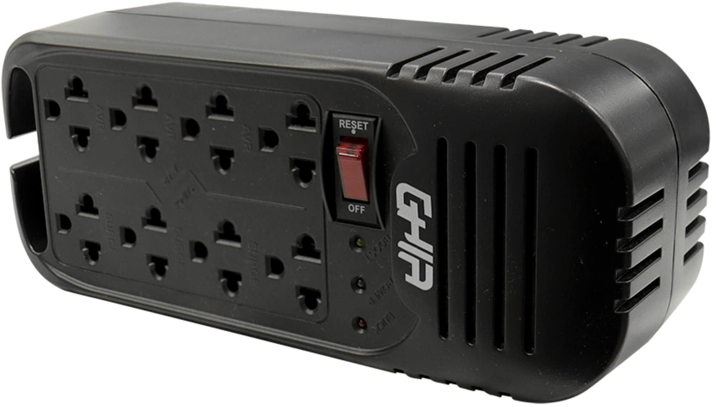 Regulador de Voltaje GHIA GVR-020 Negro Respaldo de hasta 8 Dispositivos para Hogar u Oficina