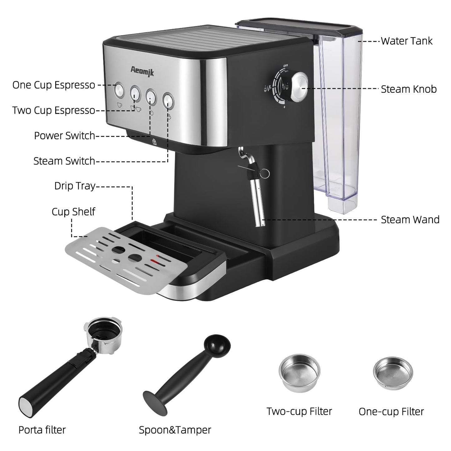 Feiniao 15Bar Máquina de Espresso Cafetera semiautomática multifunción de 1050W con vaporizador de leche, depósito de agua de 1.5L, Semi Cafetera Automatica para Capuchino, Latte y Macchiato