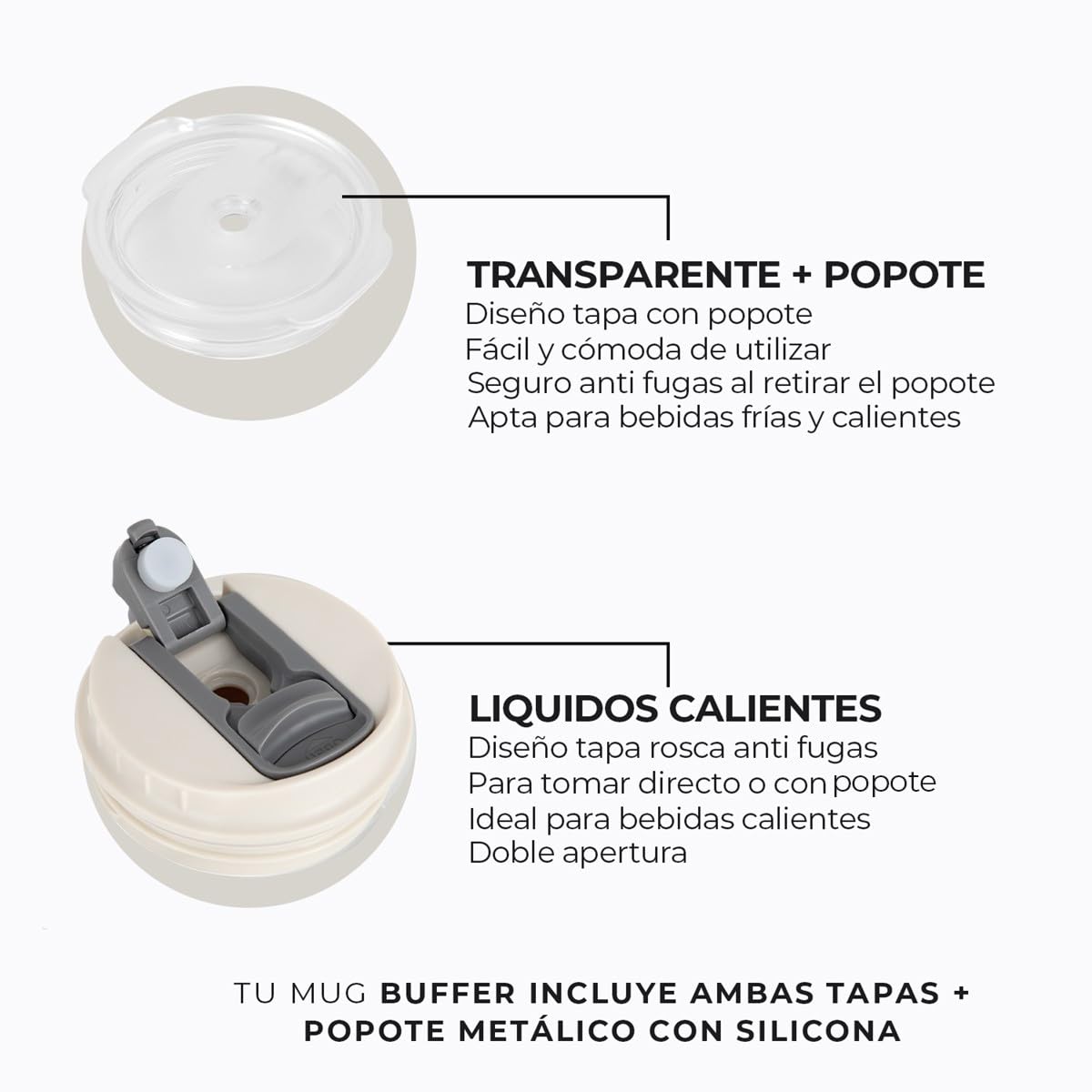 Buffer Flask - Vaso Térmico 700 ml - Termo para Café y Agua de Acero Inoxidable - Tapa Anti Derrame y Fugas - Taza Tumbler Mug para Bebidas Frías y Calientes - Incluye Popote - Color Ivory