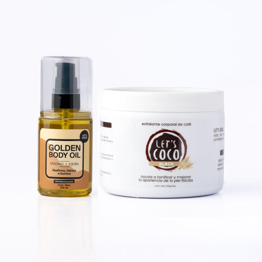 Kit Tonificante LET'S COCO Negro y Dorado con Aceite Corporal y Exfoliante Anti-Celulitis