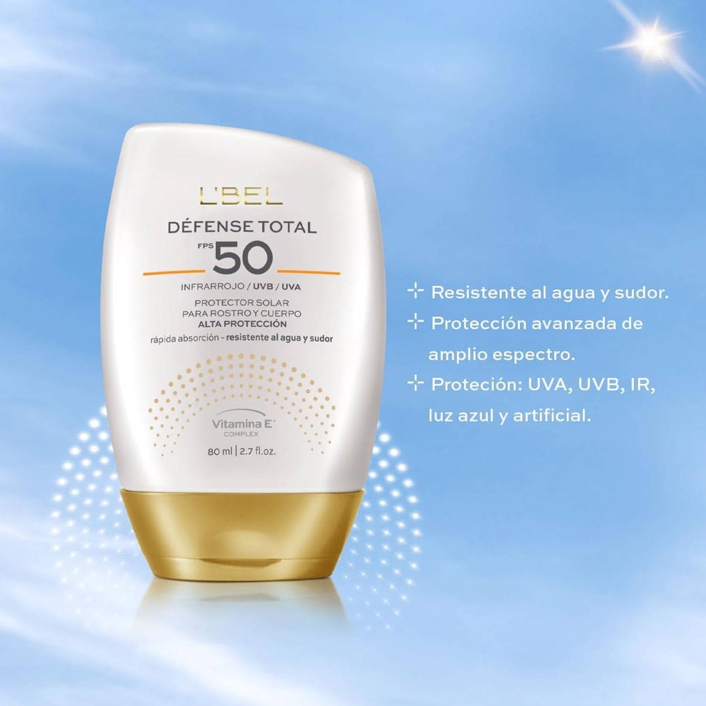 L'BEL - Défense Total Protector Solar para Rostro y Cuerpo 80 ml, Alta Protección FPS 50+, de Amplio Espectro, Crema Solar de Rápida Absorción, Resistente al Agua y Sudor, Ideal para Actividades en Exterior