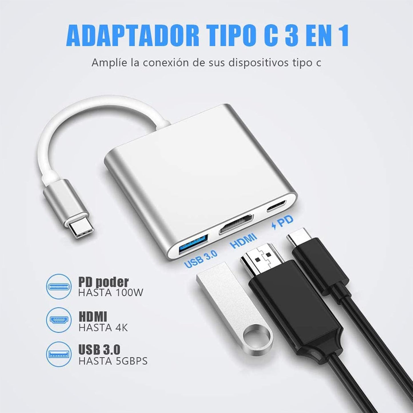 Adaptador USB C a HDMI YOU ER MEI Plateado Multipuerto Tipo C con Salida 4K y Puerto de Carga Certificado para Mac Air y Surface