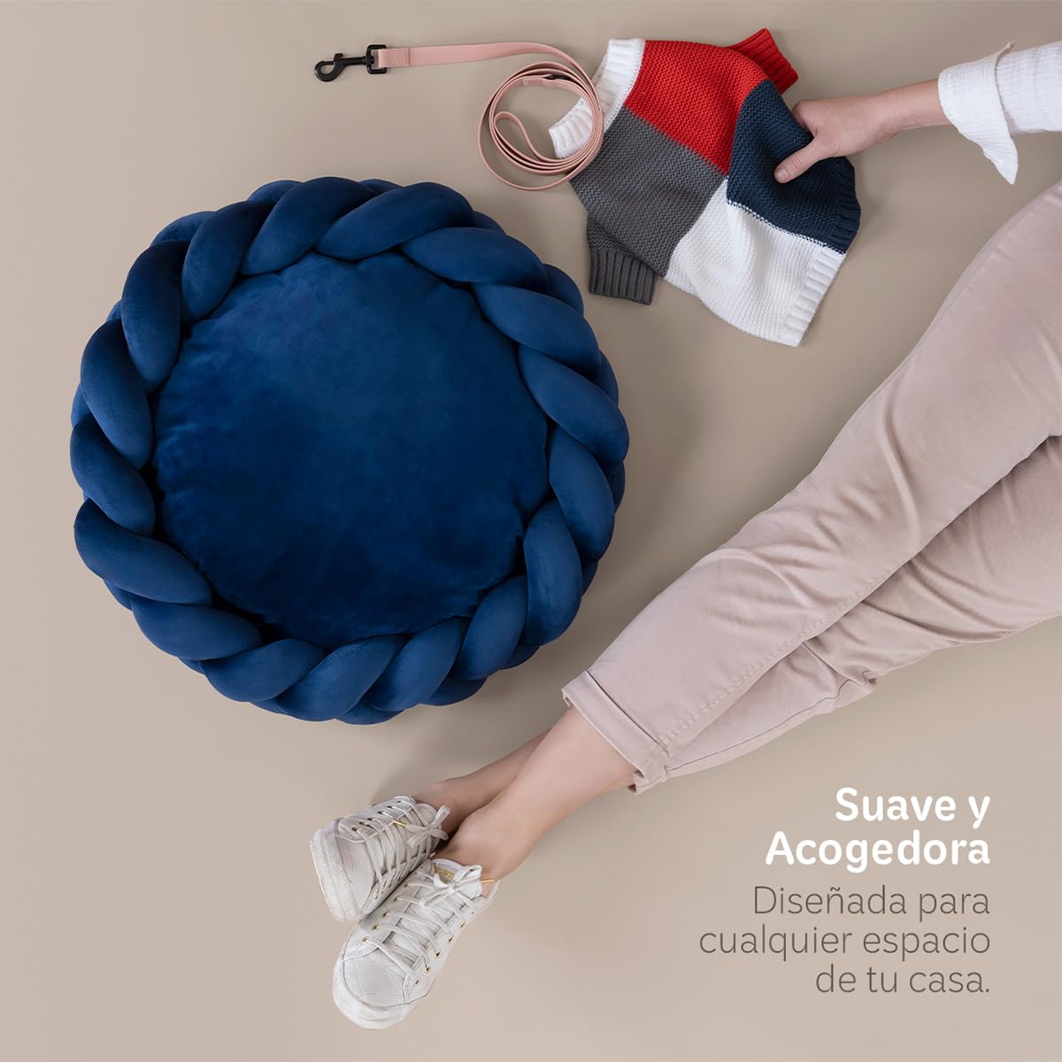 Cama Redonda ESQUIMAL Azul Marino Cojín Antiestrés Trenzado Lavable para Perro y Gato