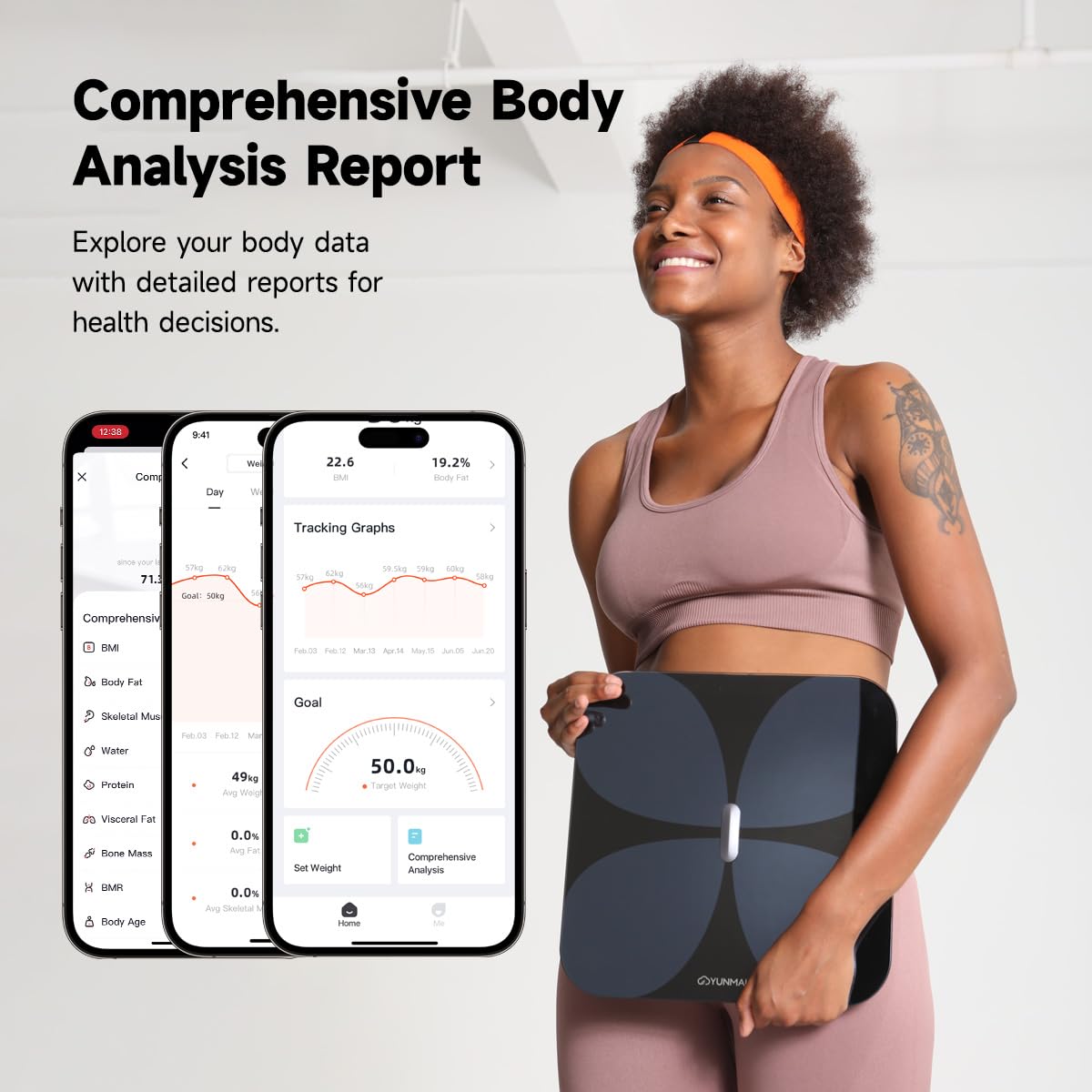 Báscula Inteligente Yunmai para Peso Corporal, Báscula Digital de Baño con IMC, Grasa Corporal, Masa Muscular, Bluetooth, Analizador de 13 Composiciones, Compatible con Apple Health, Recargable 400lb