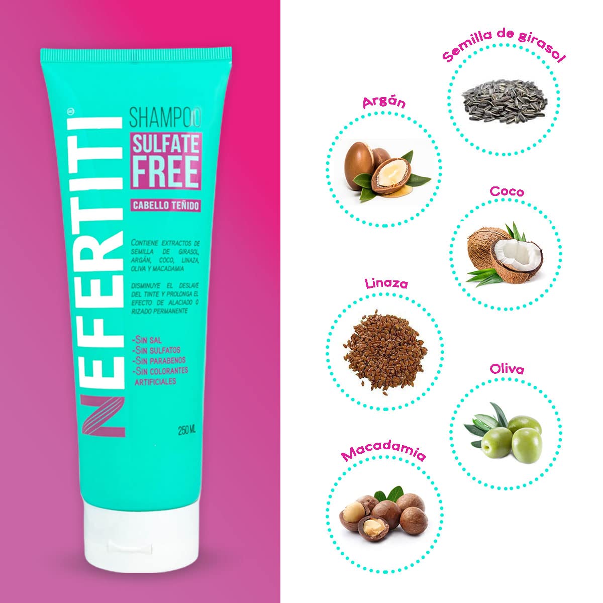 Kit Cabello Teñido Shampoo sin Parabenos + Mascarilla Sulfate Free de Nefertiti con Aceite de Argán, y Macadamia, Prolonga la Duración del Tinte, Alaciado y Permanente.