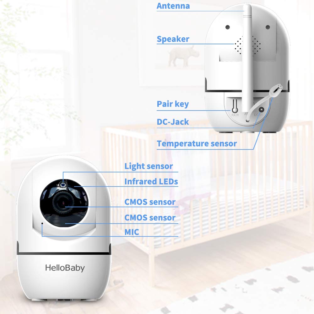 HelloBaby Video Baby Monitor with Remote Camera Pan-Tilt-Zoom, 8.1cm Colour LCD Screen, Infrared Night Vision, Temperature Display, Lullaby, Two Way Audio, with Wall Mount Kit