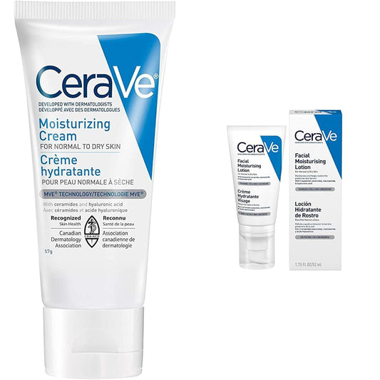 CeraVe Cerave crema hidratante |50ml| hidrante diario para rostro y cuerpo para piel seca + Loción Hidratante de Rostro |52ml| Hidratante facial de noche con textura ultraligera | Libre de fragancia