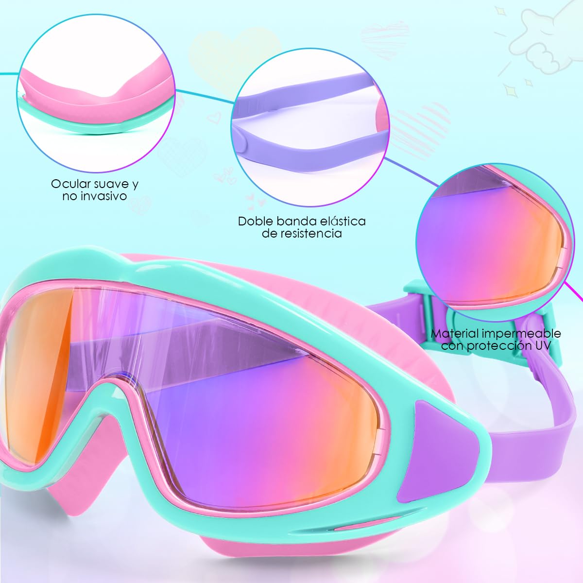 Gafas de Natación para Niños, Goggles para Niños, Gafas de Natación Antivaho y Antifugas, Anteojos de Natación Ajustables de Silicona, Protección UV, Adecuado para Niños y Niñas de 3 a 16 años