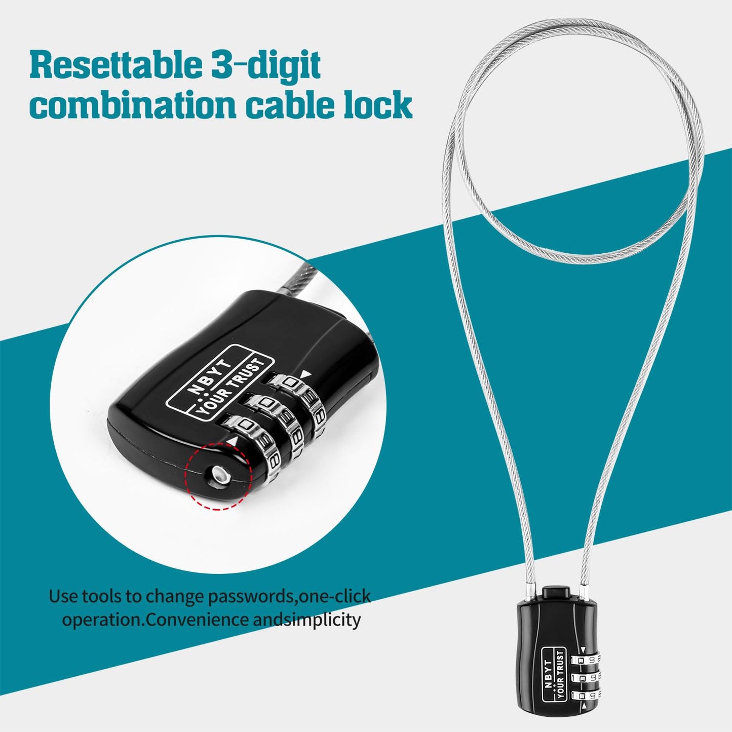 Lawnize - Candado de cable de alambre con código reiniciable, aleación de zinc, casco, equipaje y candado de snowboard
