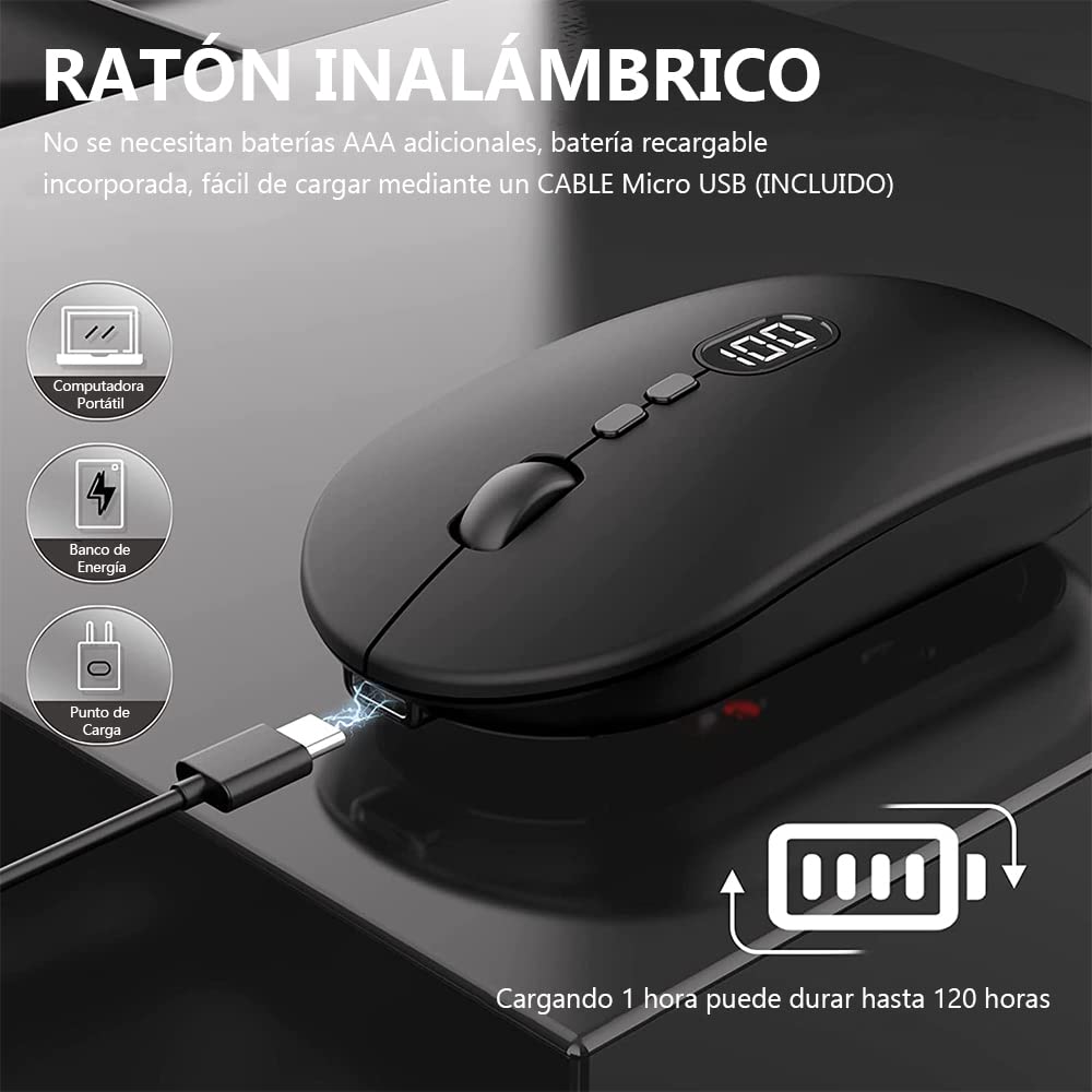 Free wolf X1 Mouse Inalámbrico con Pantalla de Batería, Wireless óptico Recargable 2.4 G Ergonómico Silencioso Click 800/1200/1600 Ajustable dpi Ratón para Computadora,Portátil,PC,Mac (Negro)