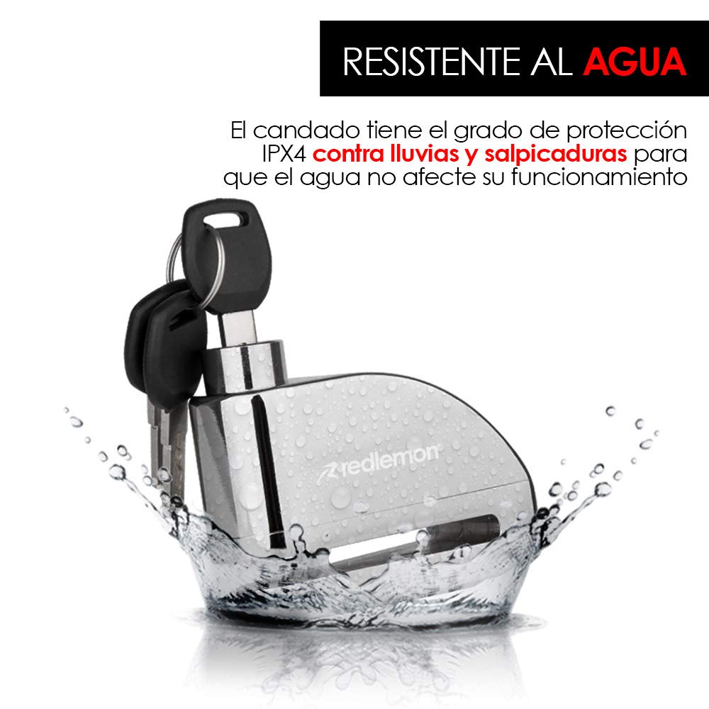 Redlemon - Candado para Bicicleta y Motocicleta con Alarma, Sensor de Movimiento, Seguro Antirrobo de Compatible con Vehículos con Llanta de Disco, Resistente a Salpicaduras