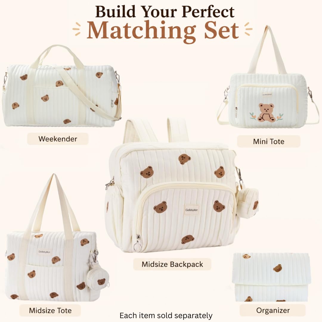 GOBABYMART - Mochila para pañales con cambiador, bolsa de viaje para bebé, bolsillos aislados para botellas, correas para carriola (medianas, ositos beige)