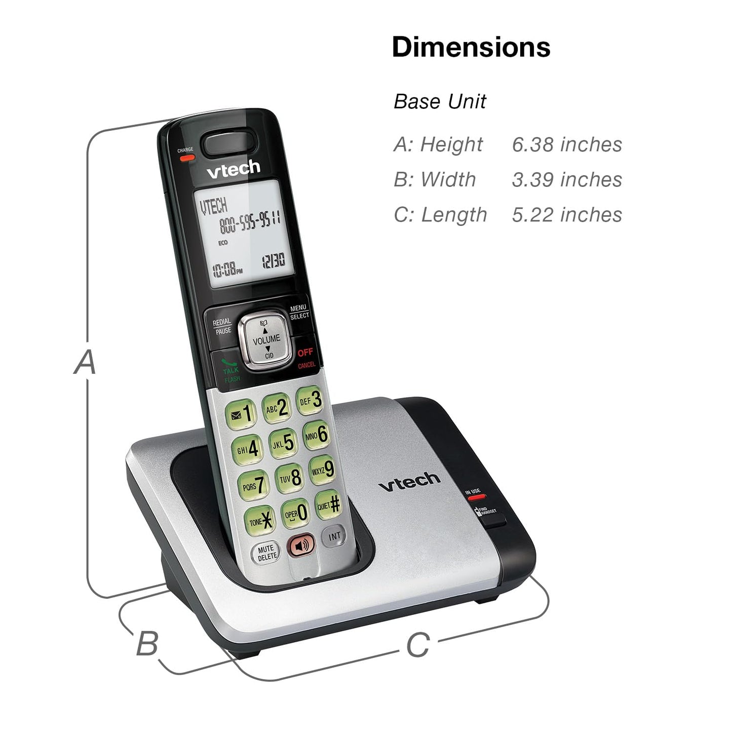 VTech - Teléfono DECT 6.0 con base para identificación de llamadas y llamada en espera, Plateado/Negro