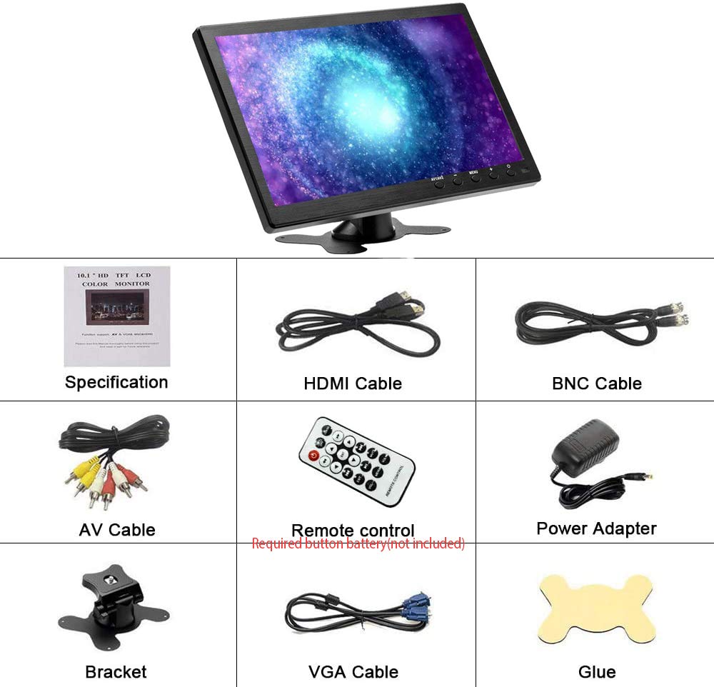 Hikity 10.1 Inch TFT LCD Monitor, HD 1024X600 Resolution BNC/AVI / VGA/HDMI Input, Compatible With PC, DVD, TV, Surveillance Camera
