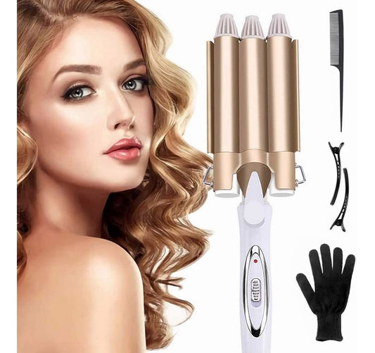 Rizador de Cabello, Rizador de Pelo Profesional con 3 Varillas Temperatura Ajustable, Rizadora para Cabello Triple Tubo de 25mm, se Calienta Rápidamente para Mujer Cabello Largo/Corto y Viajero Rega