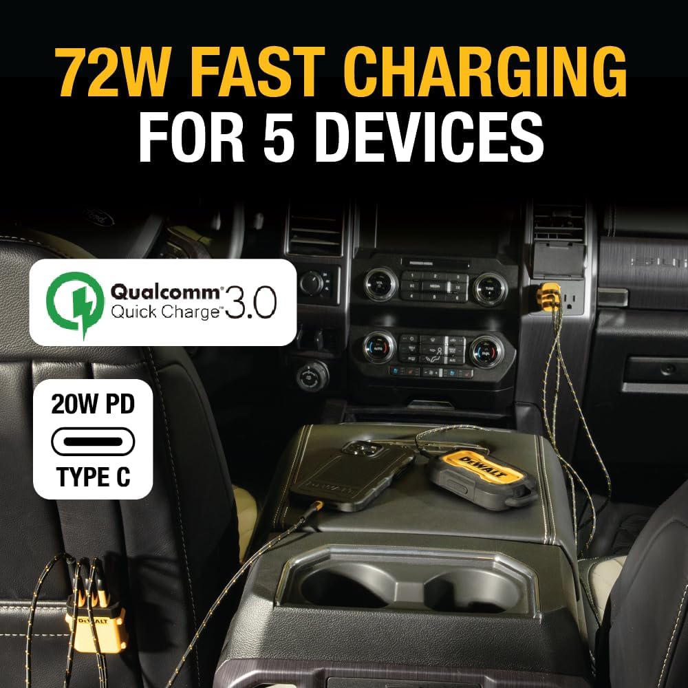 DEWALT 72W USB C Cargador de Coche de 5 Puertos, iPhone 15 USB Cargador de Coche de Carga rápida, PD & QC3.0 Encendedor de Cigarrillos del Coche Cargador USB de Varios Puertos con Cable de 6Ft