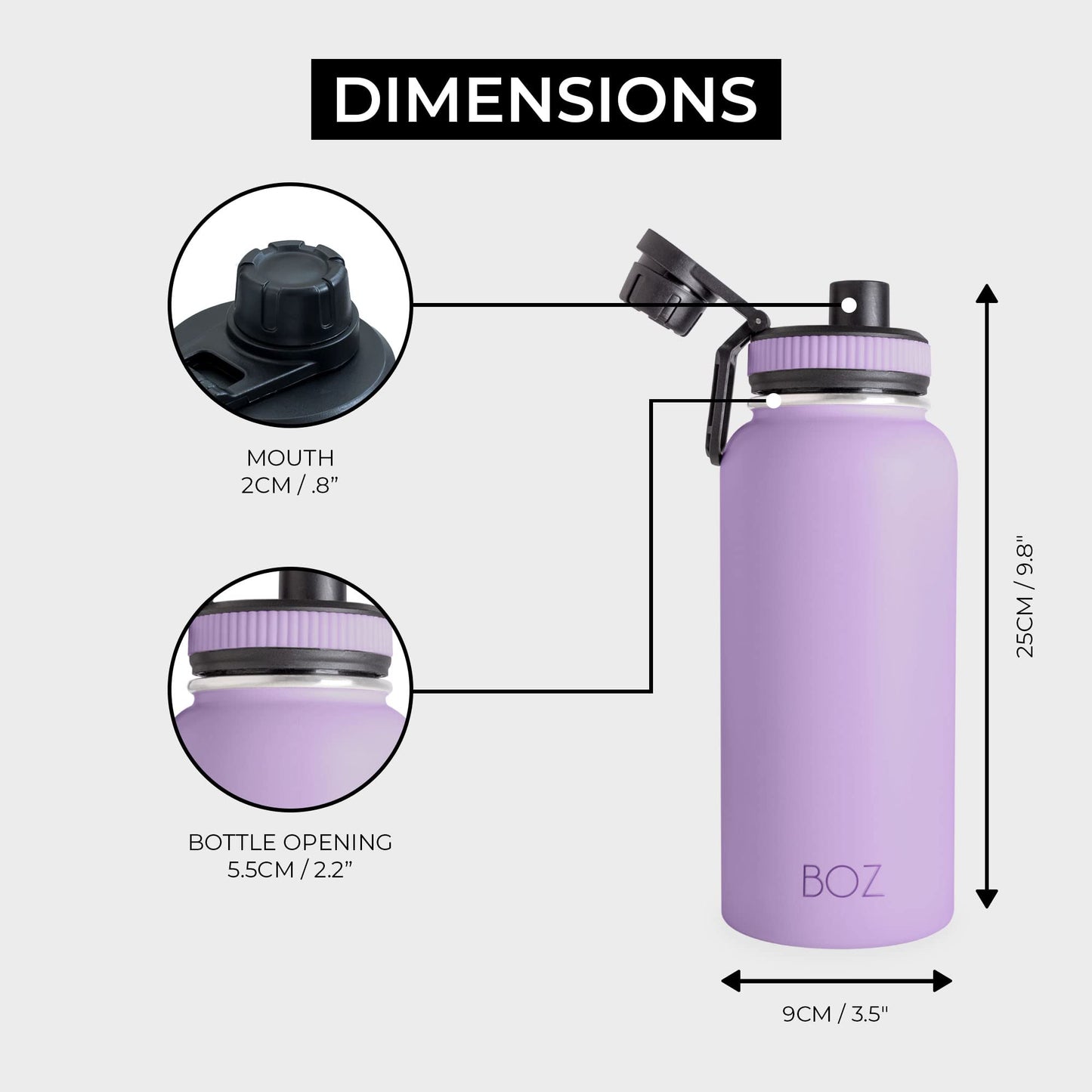 BOZ Botella de agua de acero inoxidable XL (1 L / 32 onzas) de boca ancha, botella de agua de metal sin BPA, botella de agua aislada al aspiradora de doble pared, botella de agua deportiva, botella de